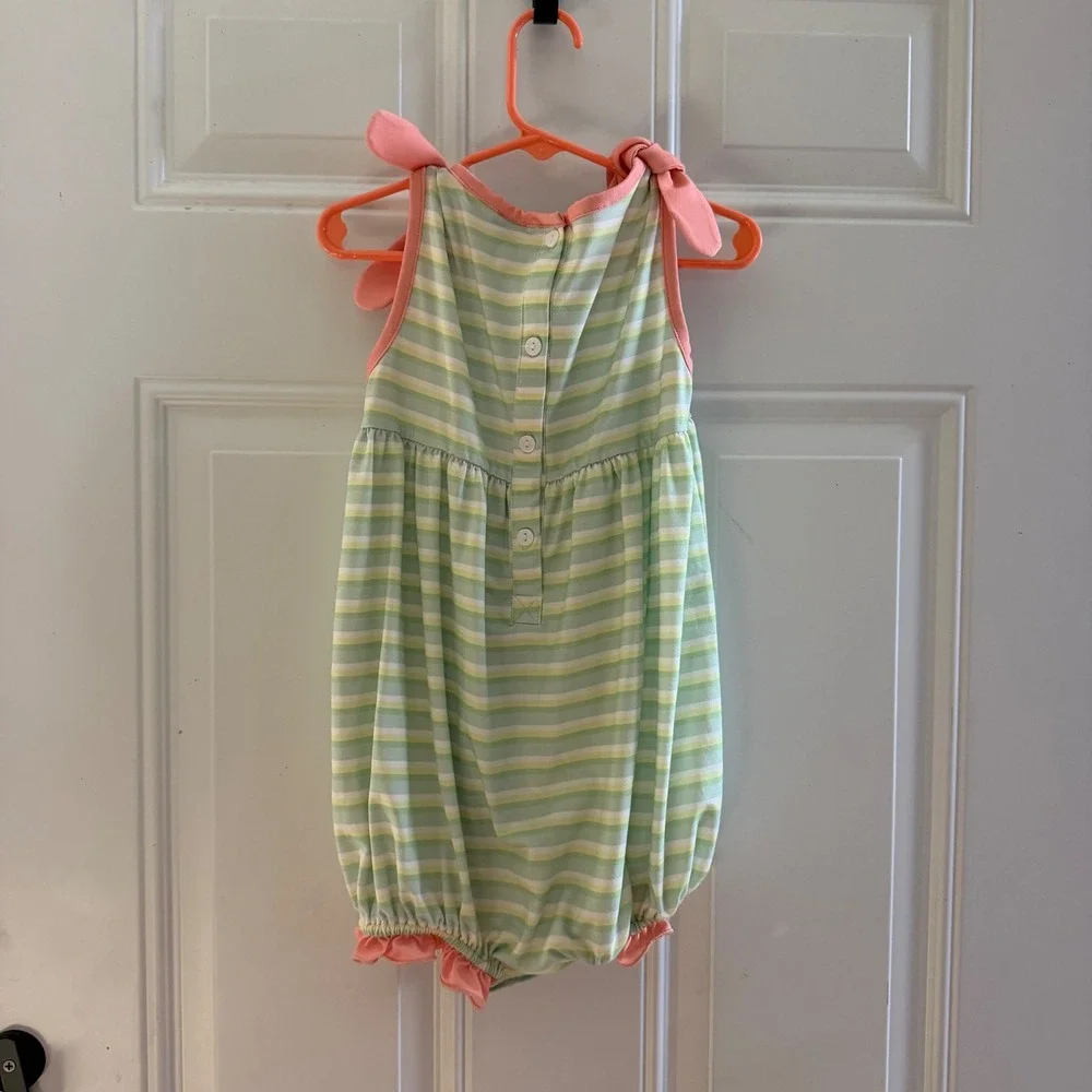 Saving Grace Smocks Girls Green Striped Tie Shoulder Bubble Romper Size 5